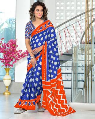 Blue ikkat print soft pure cotton saree with blouse. 1