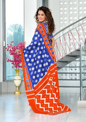 Blue ikkat print soft pure cotton saree with blouse. 4