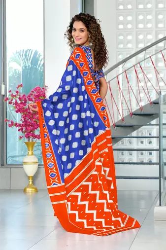 Blue ikkat print soft pure cotton saree with blouse.