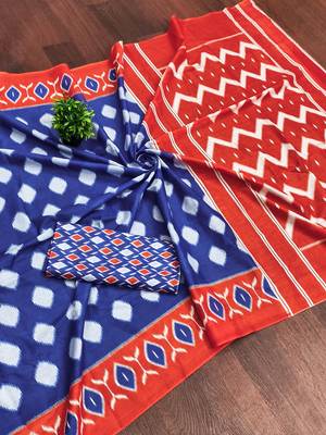 Blue ikkat print soft pure cotton saree with blouse. 5