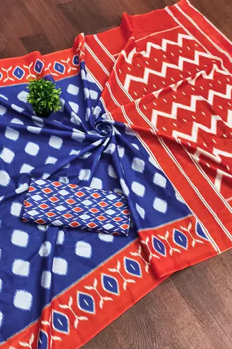 Blue ikkat print soft pure cotton saree with blouse.
