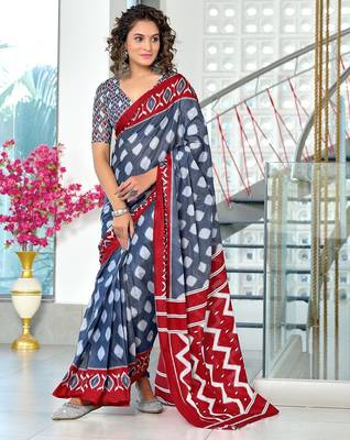 Grey ikkat print soft pure cotton saree with blouse. 1