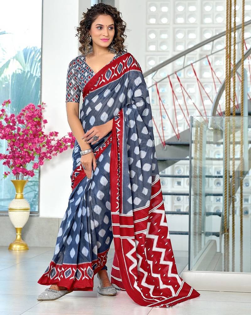 Grey ikkat print soft pure cotton saree with blouse.