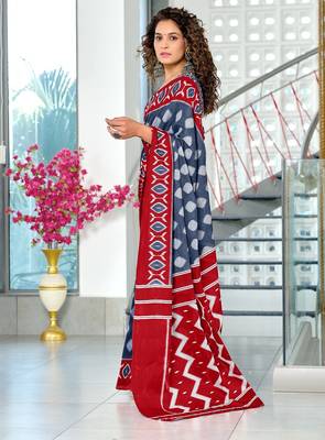 Grey ikkat print soft pure cotton saree with blouse. 3