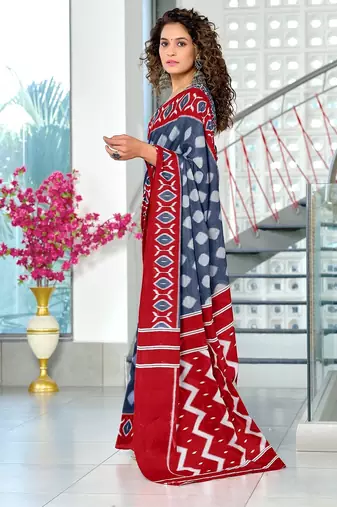 Grey ikkat print soft pure cotton saree with blouse.