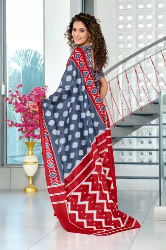 Grey ikkat print soft pure cotton saree with blouse.