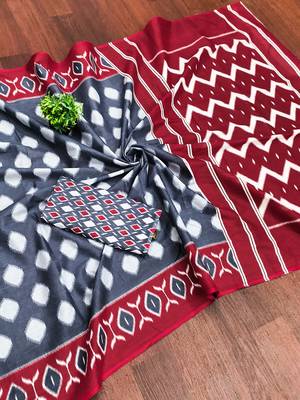 Grey ikkat print soft pure cotton saree with blouse. 5