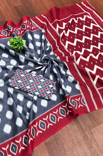 Grey ikkat print soft pure cotton saree with blouse.