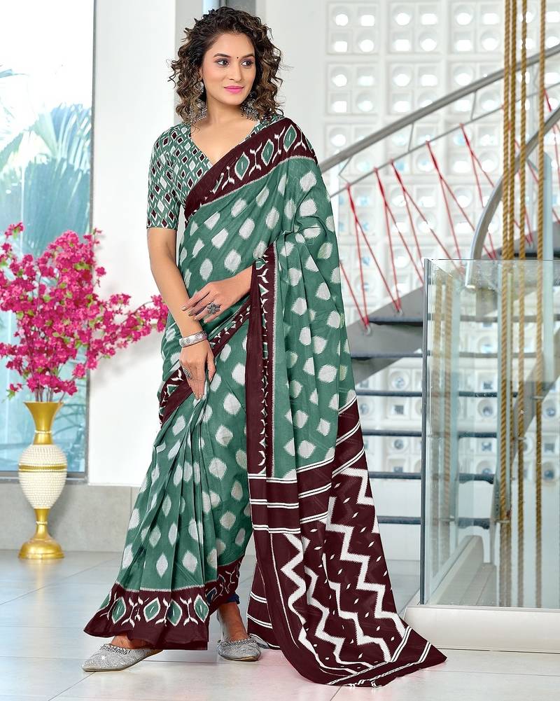 Light green ikkat print soft pure cotton saree with blouse.