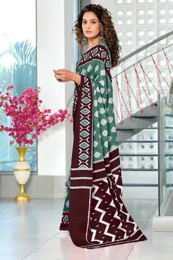 Light green ikkat print soft pure cotton saree with blouse.