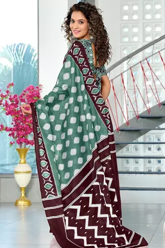 Light green ikkat print soft pure cotton saree with blouse.