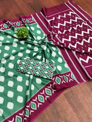 Light green ikkat print soft pure cotton saree with blouse. 5