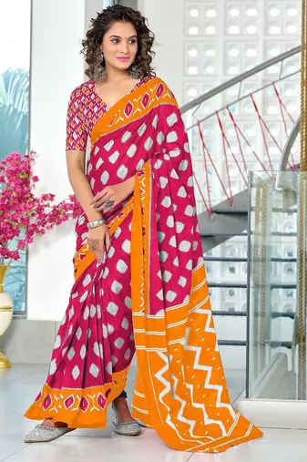 Pink ikkat print soft pure cotton saree with blouse.