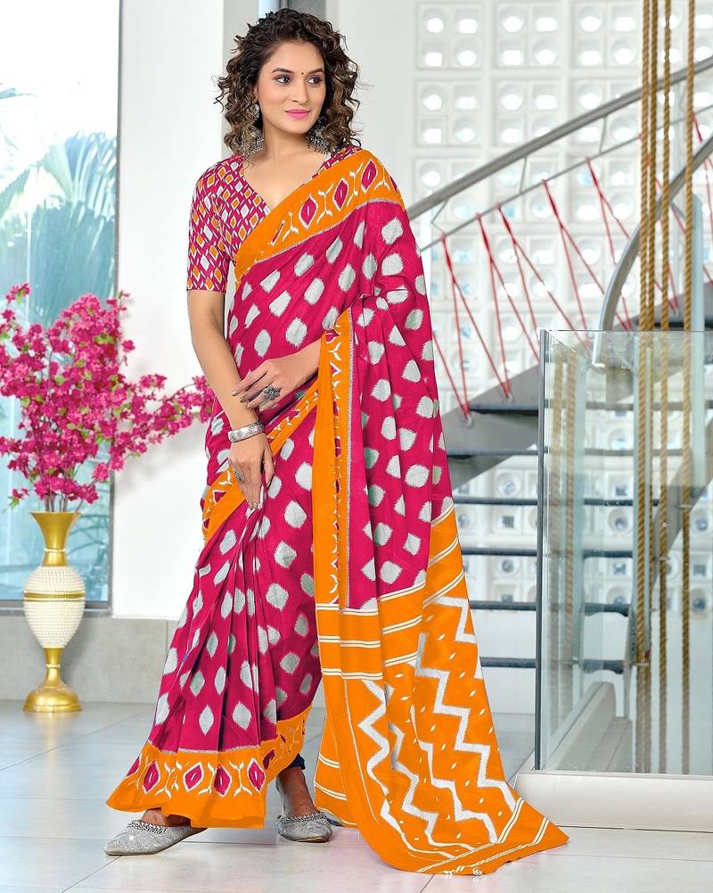Pink ikkat print soft pure cotton saree with blouse.