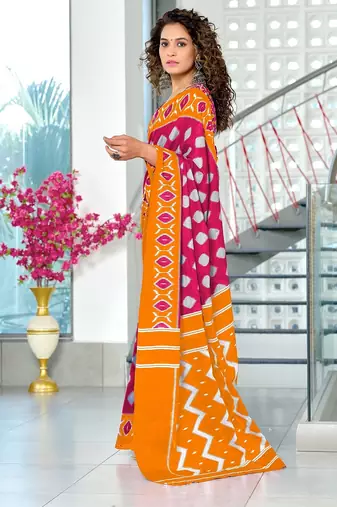 Pink ikkat print soft pure cotton saree with blouse.