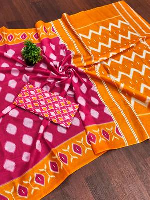 Pink ikkat print soft pure cotton saree with blouse. 4
