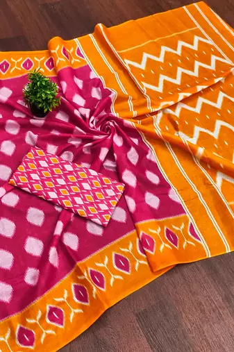 Pink ikkat print soft pure cotton saree with blouse.
