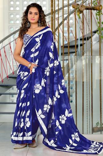 Blue floral print soft pure cotton saree with blouse.