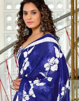 Blue floral print soft pure cotton saree with blouse. 2