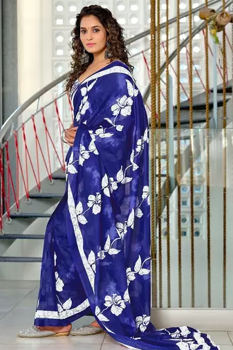 Blue floral print soft pure cotton saree with blouse.