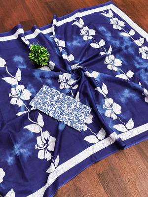 Blue floral print soft pure cotton saree with blouse. 5