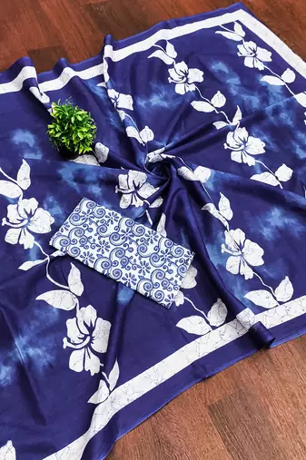 Blue floral print soft pure cotton saree with blouse.