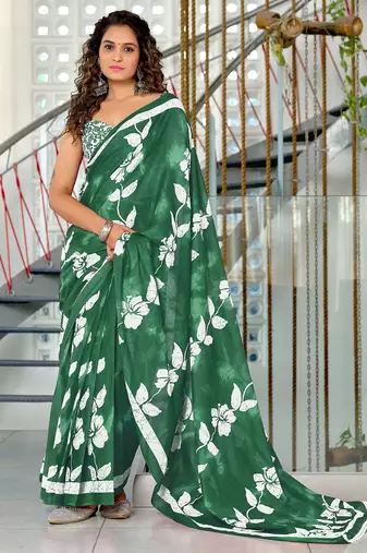 Green floral print soft pure cotton saree with blouse.