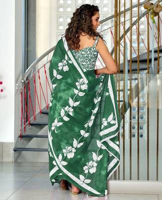 Green floral print soft pure cotton saree with blouse. 4