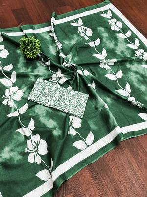 Green floral print soft pure cotton saree with blouse. 5
