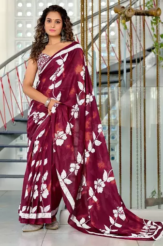 Maroon floral print soft pure cotton saree with blouse.
