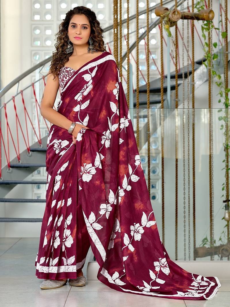 Maroon floral print soft pure cotton saree with blouse.