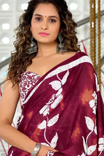 Maroon floral print soft pure cotton saree with blouse.