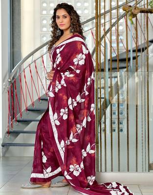Maroon floral print soft pure cotton saree with blouse. 3