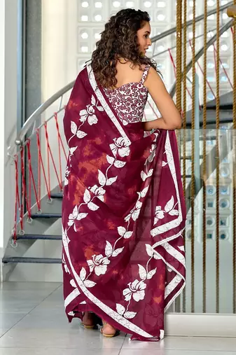 Maroon floral print soft pure cotton saree with blouse.