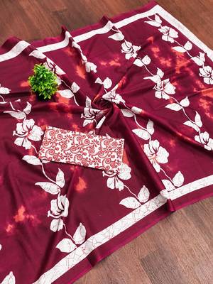 Maroon floral print soft pure cotton saree with blouse. 5