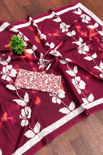 Maroon floral print soft pure cotton saree with blouse.