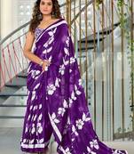 Purple floral print soft pure cotton saree with blouse.