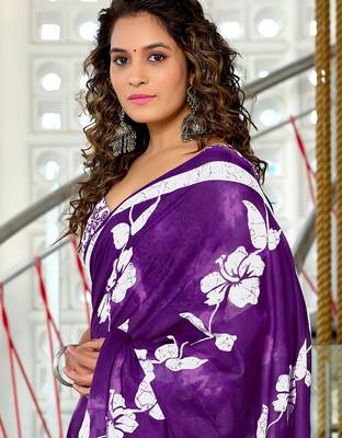 Purple floral print soft pure cotton saree with blouse. 2