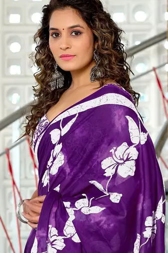 Purple floral print soft pure cotton saree with blouse.