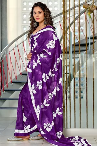 Purple floral print soft pure cotton saree with blouse.