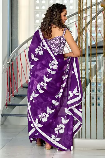 Purple floral print soft pure cotton saree with blouse.