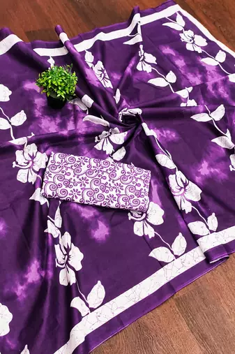 Purple floral print soft pure cotton saree with blouse.