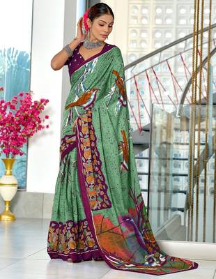 Light green floral print soft pure cotton saree with blouse. 1