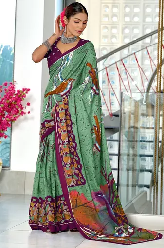Light green floral print soft pure cotton saree with blouse.