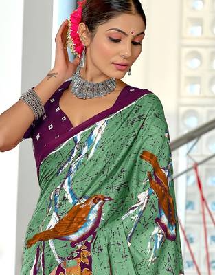 Light green floral print soft pure cotton saree with blouse. 2