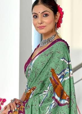 Light green floral print soft pure cotton saree with blouse. 3
