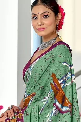 Light green floral print soft pure cotton saree with blouse.