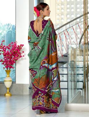 Light green floral print soft pure cotton saree with blouse. 4
