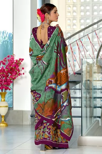 Light green floral print soft pure cotton saree with blouse.