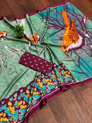 Light green floral print soft pure cotton saree with blouse. 5